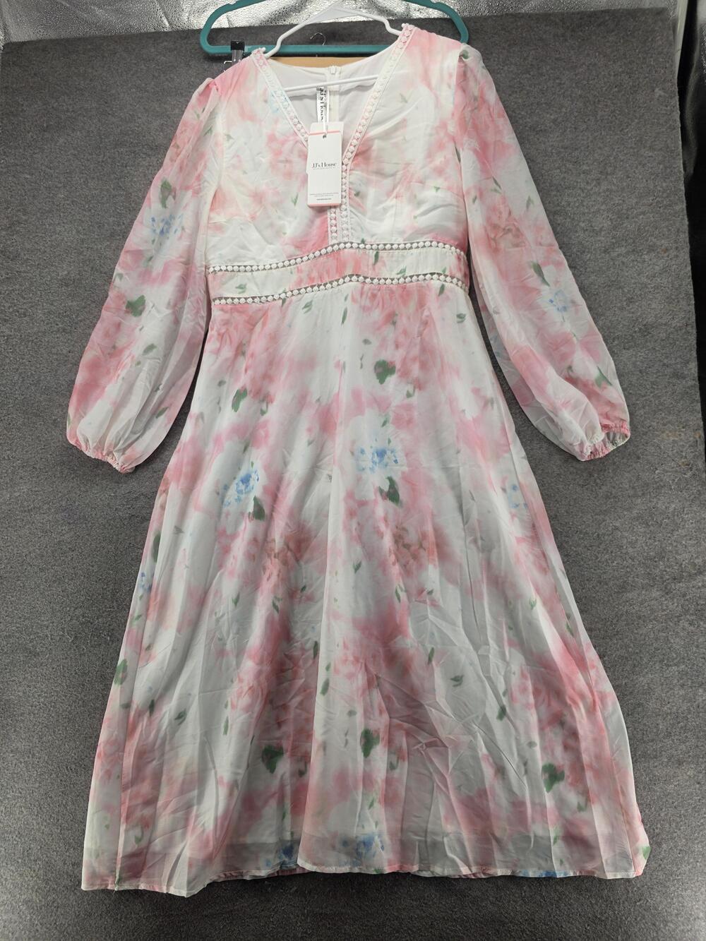 JJ's House Dress Womens XL Pink A-Line Maxi Floral Chiffon Lined Long Sleeve